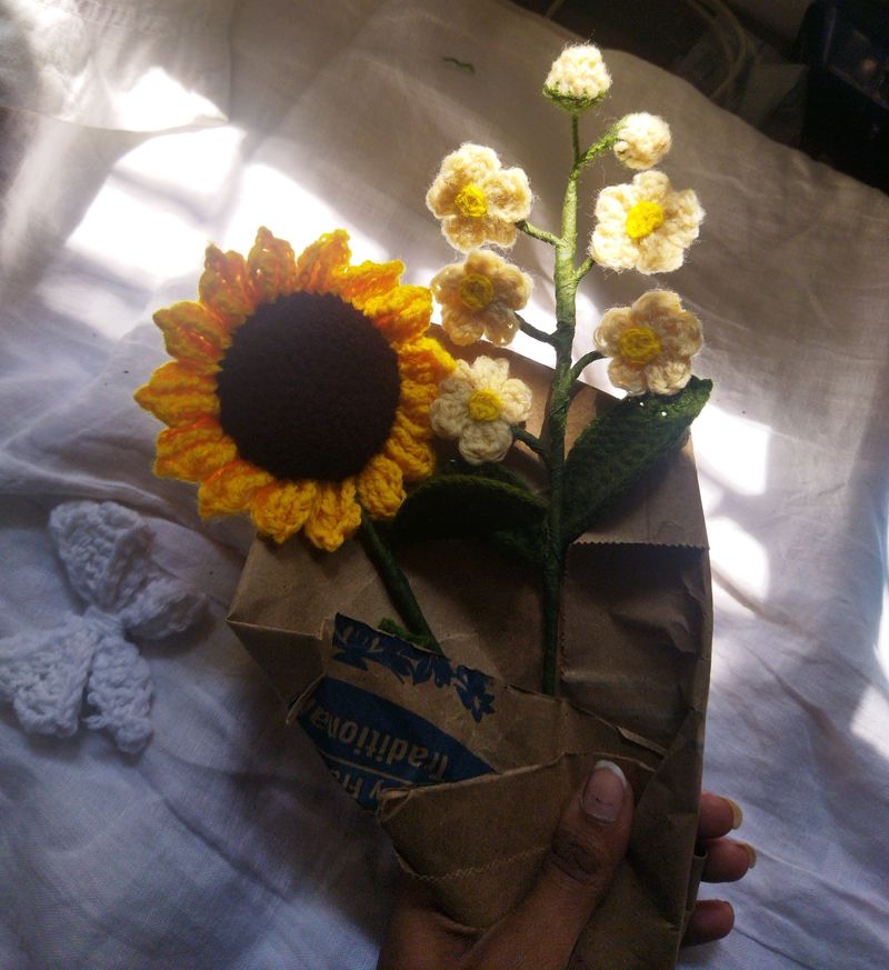 Crochet bouquet of sunflower and myotosis