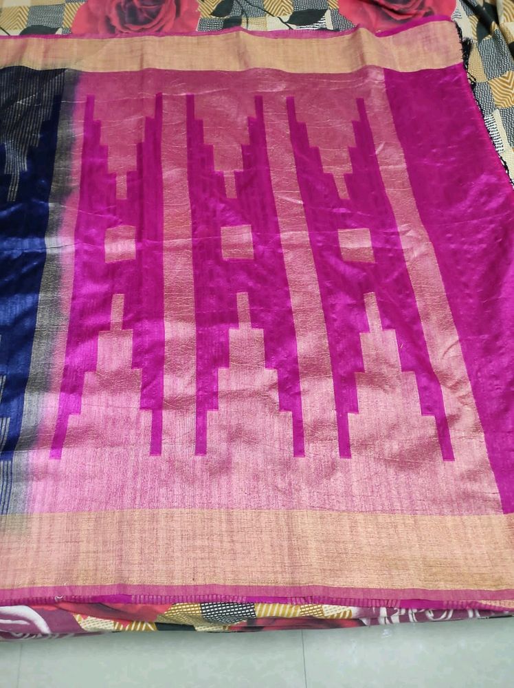 Navy Blue And Pink Jute Silk Saree