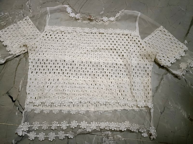 White Net Crop Top