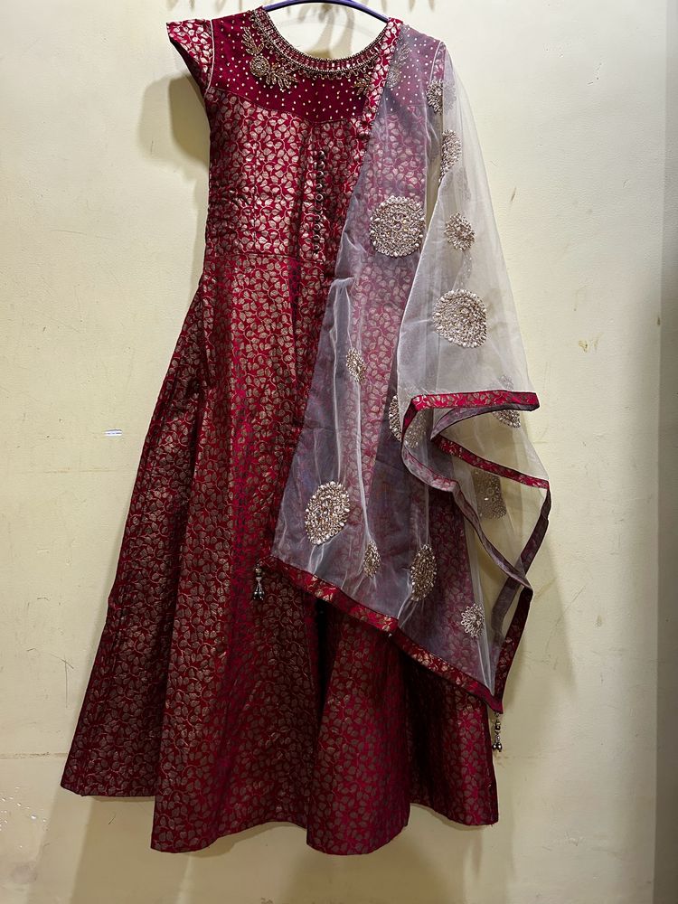 Banarasi Festive Wear Red Long Dress Set Size M