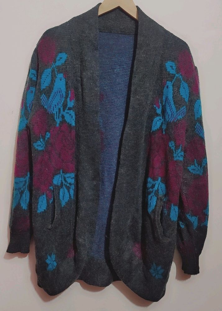 Dark Grey Winter Wool Printed Shrug