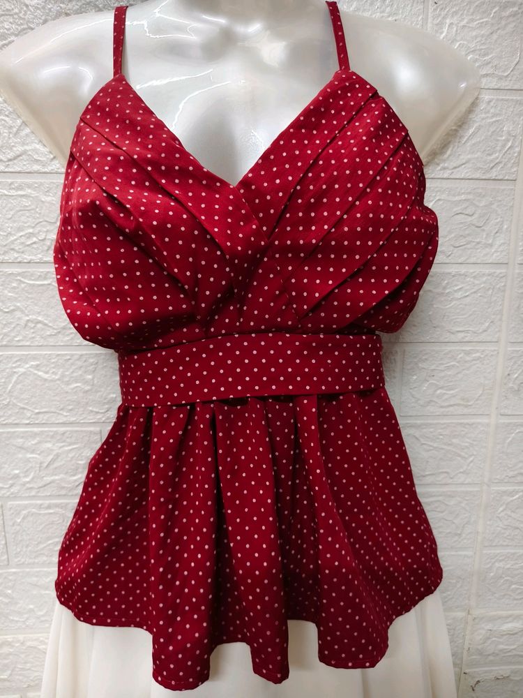 Chic Spaghetti Top with Mini Polka Dots