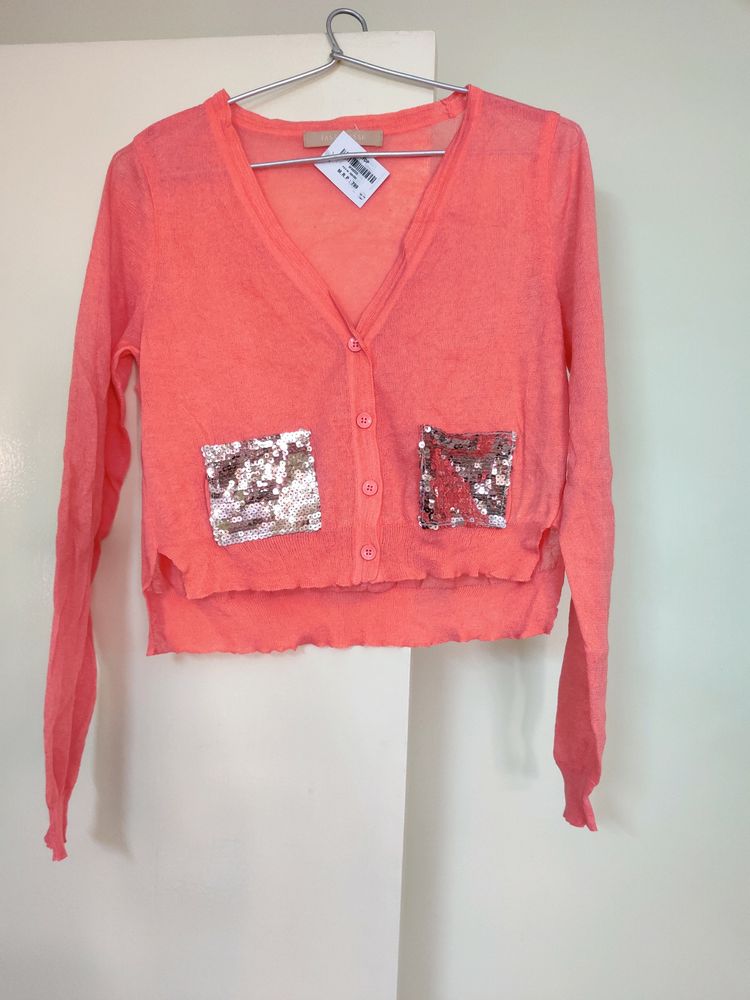Peach Crop Top With Sequence Pocket