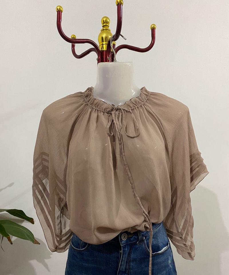 ✨Sheer Dusty Brown Top With Tie Detail✨