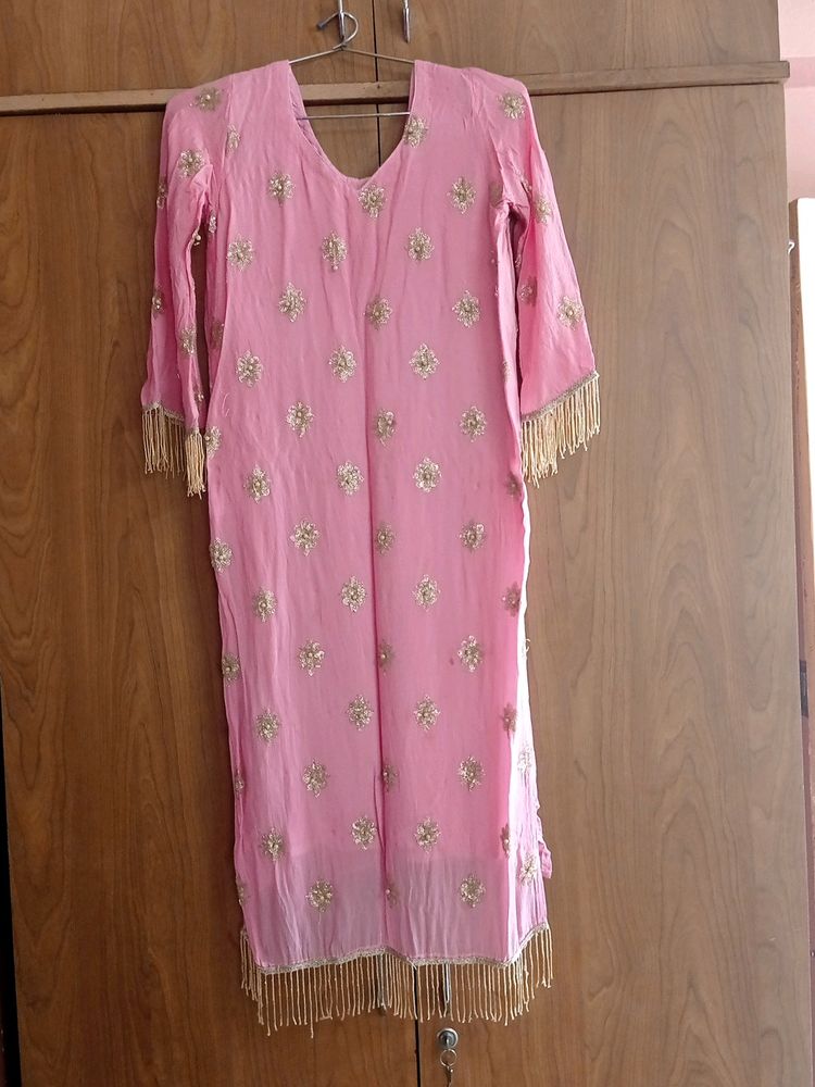 Kurti Plazo N Dupatta Set (Pink Beigh Color