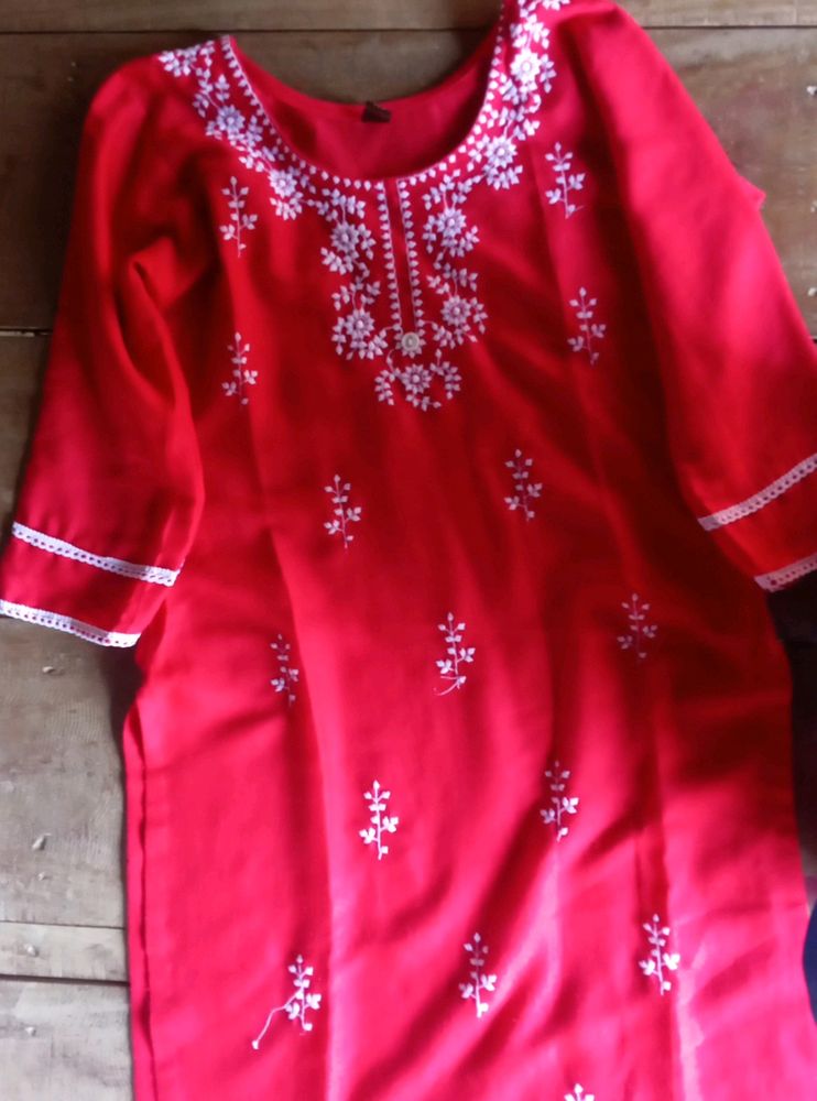 Red Kurti Chikankari Embroidery