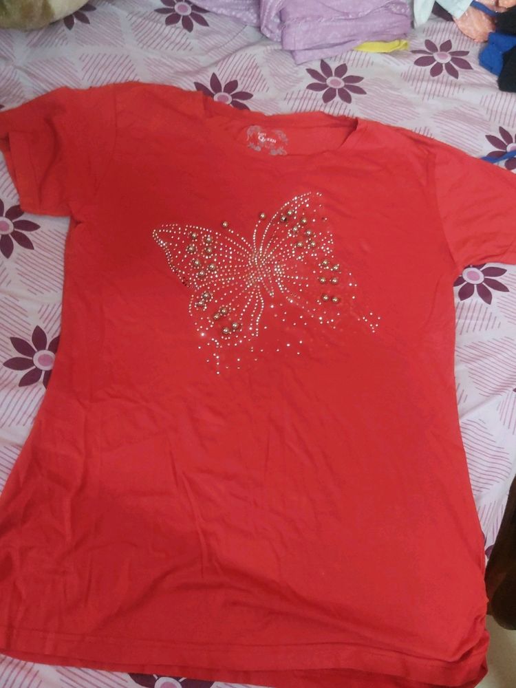 Red Butterfly RhineStone Tshirt For Women