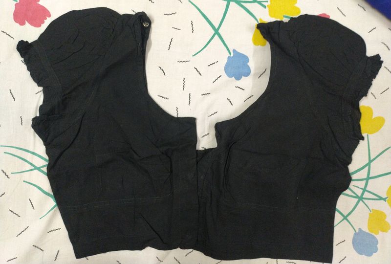 Black Cotton Blouse Size 36 Short Sleeves Puffed