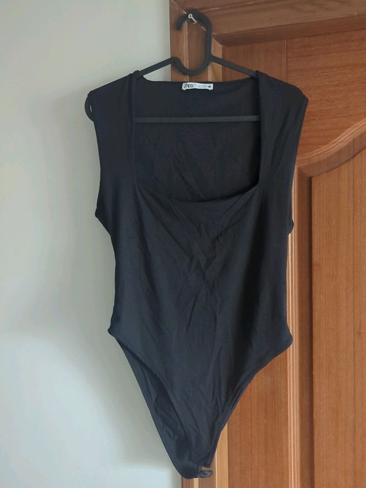 Zara Polyamide Square Neck Black Bodysuit MRP 1500