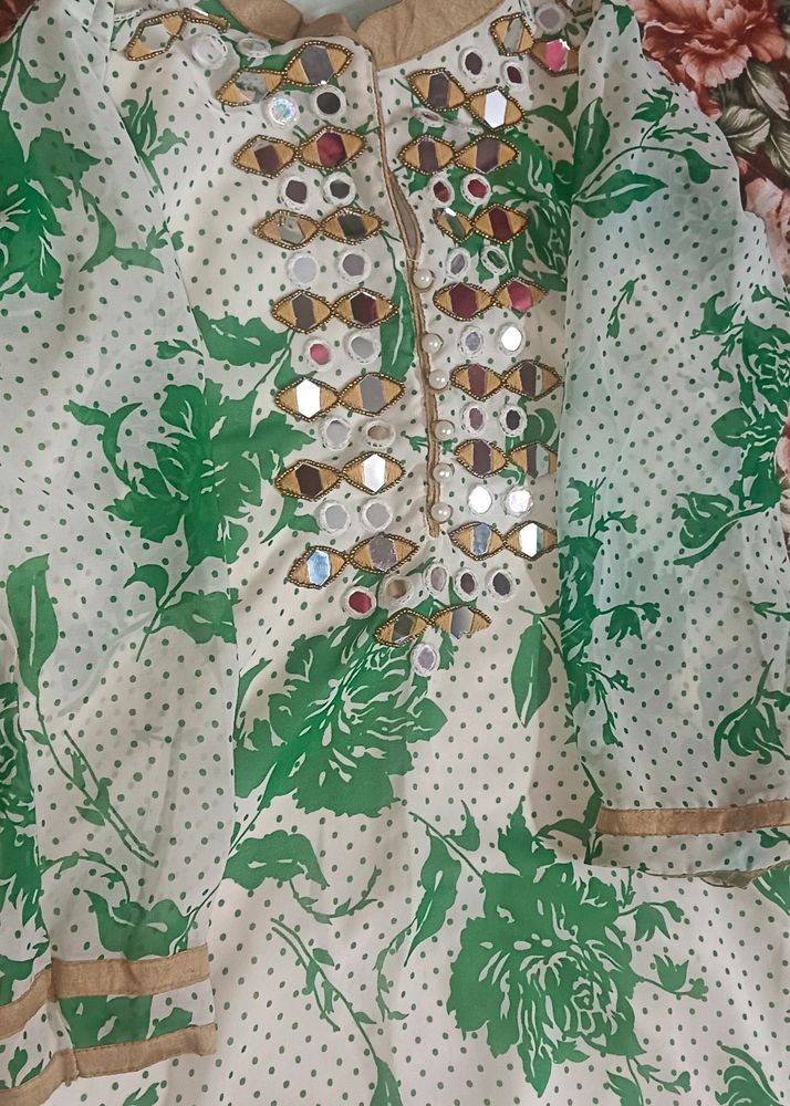 Green real mirror work long Kurti.