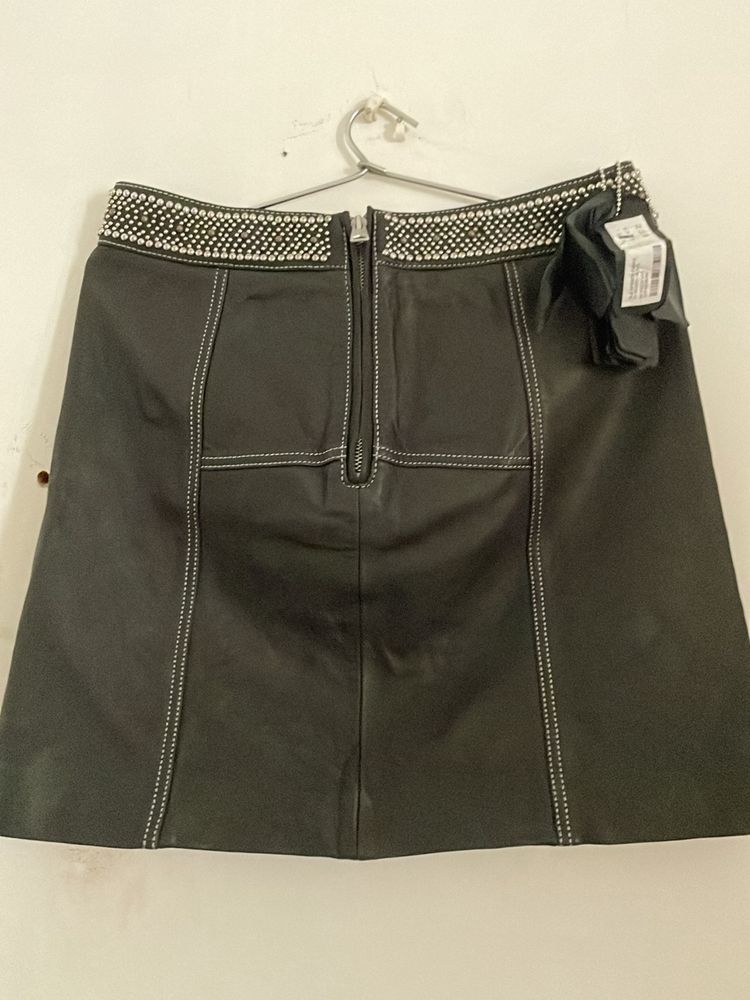 Black Leather Skirt With Pearl Details