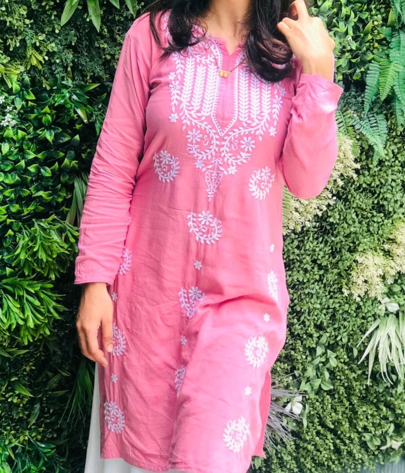 Pink Embroidered Mid Length Kurti