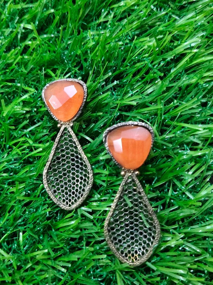 Oxydized Earrings With Orange Stone