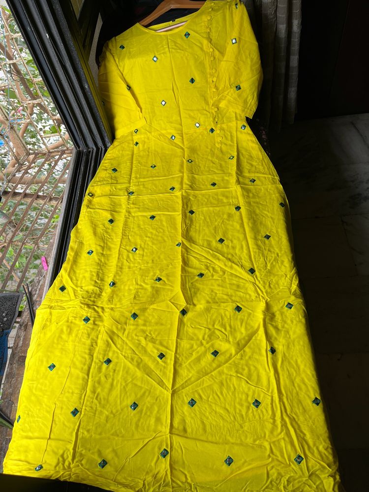 Yellow mirror work gown