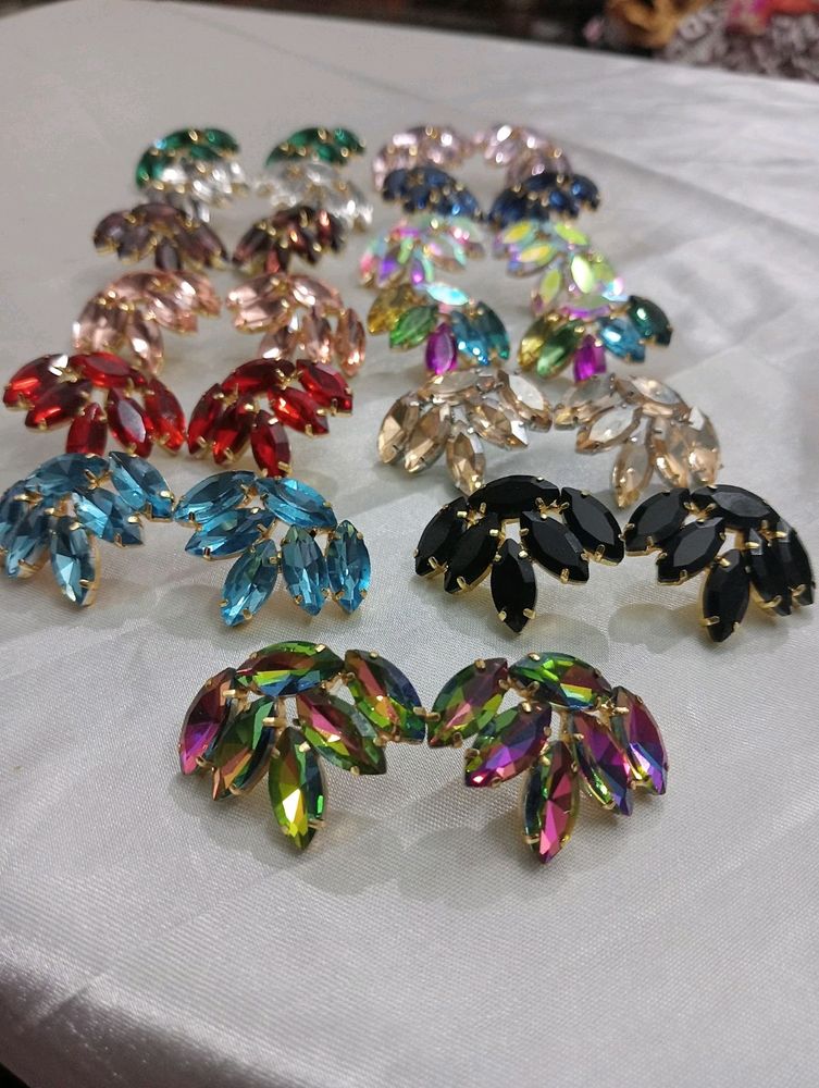 Korean Glassstone Statement Leaf Shaped Earrings