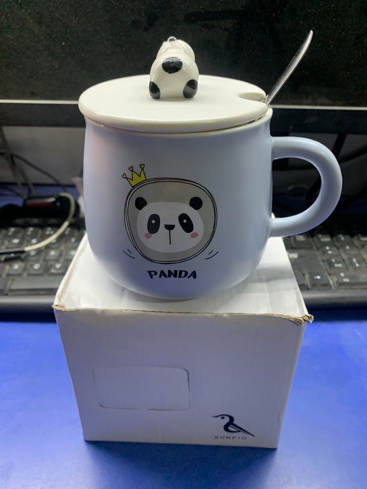 Ceramic Panda Mug & Lid And Stainless Steel Spoon