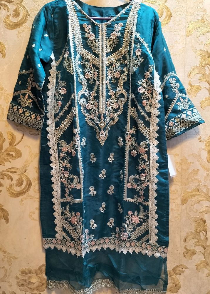 Pakistani Suit Brand New.Teal Green And White Moti