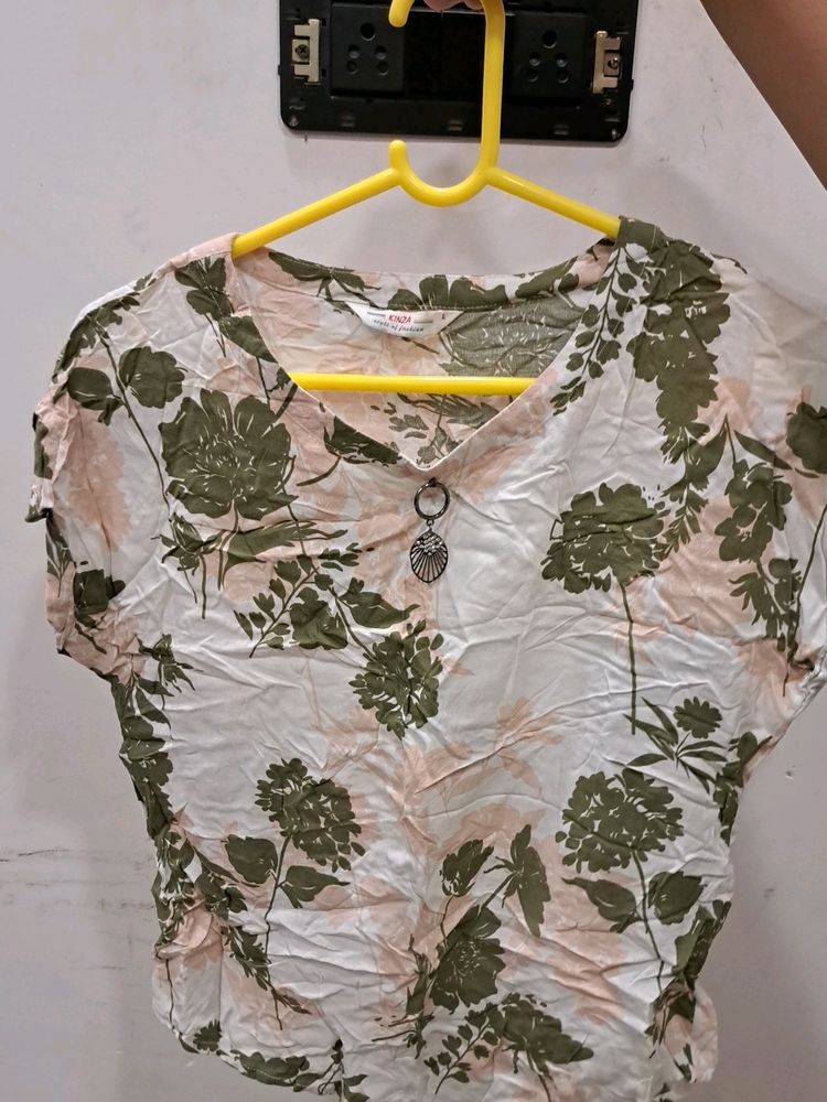 White TShirt Top With Cream And Olive Prints