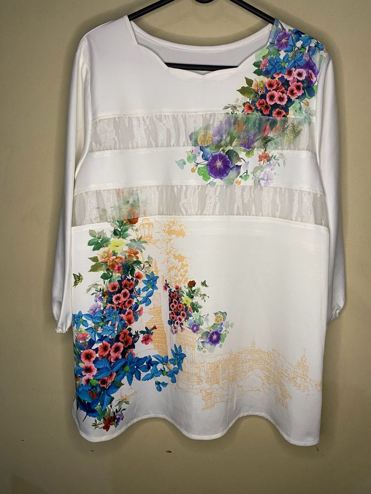 White Floral Print Top - Comfort Fit