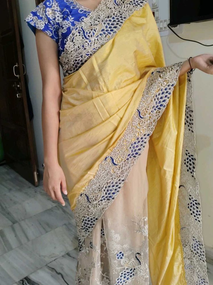 "Exquisite Net Silk Saree with Peacock Lace Design