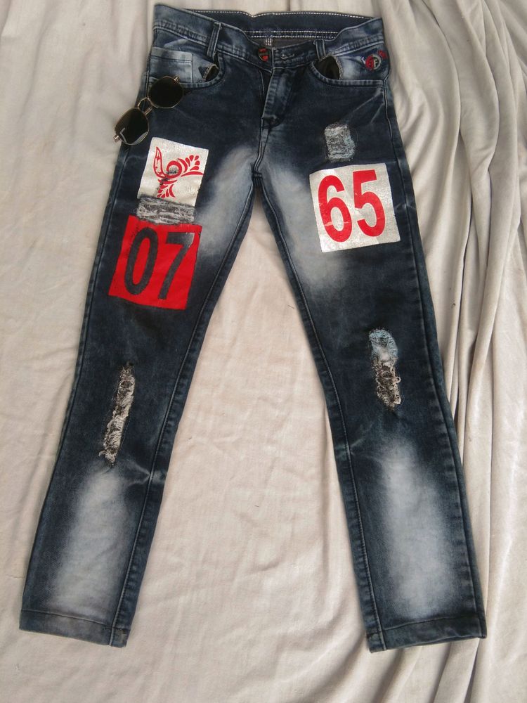 Denim Jeans With Front Print