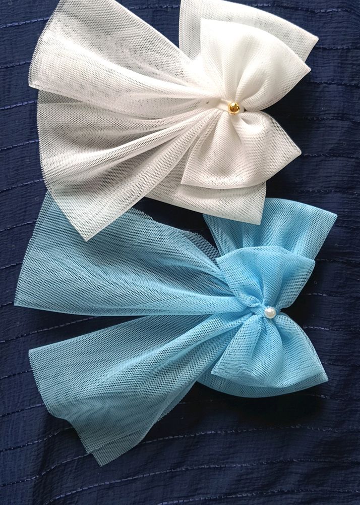 Hair Bow|| White & Sky Blue