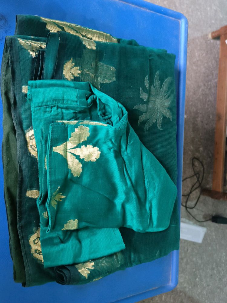 Green Cotton Saree With Zari And Embroidery Design