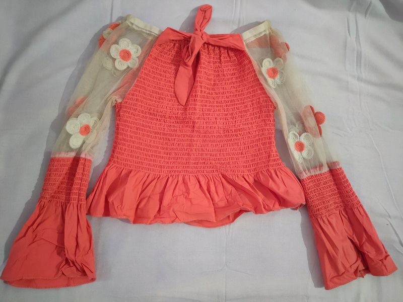 Ruffle Net Top Coral Colour