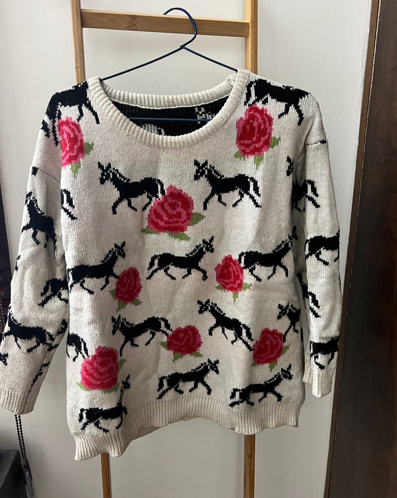 Horse And Rose Design Sweater