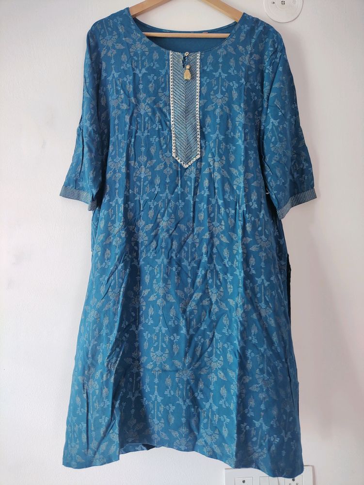 Blue Cotton Printed Kurta For Women