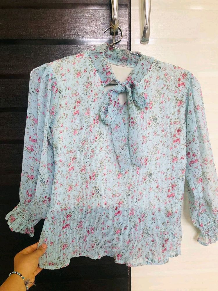 Korean Pastel Blue Floral Top