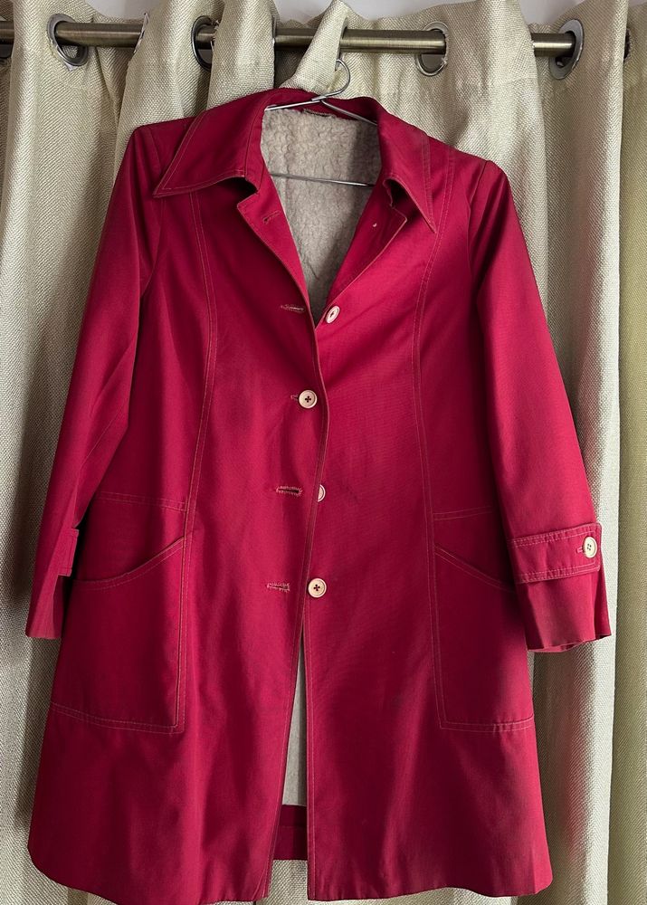 Red Mid Length Trench Coat With Pockets