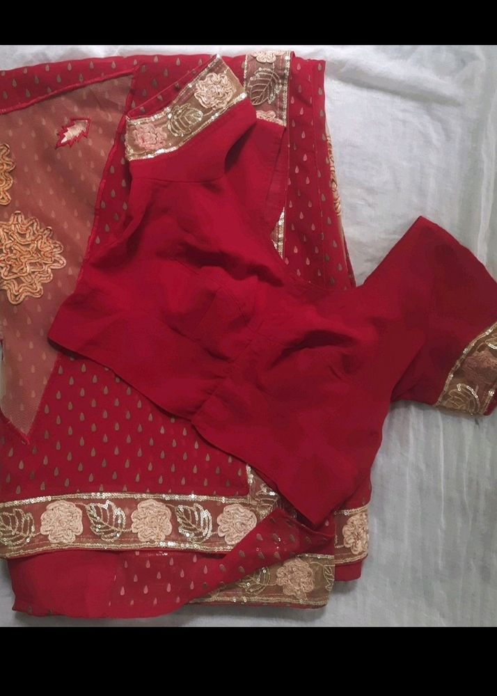 Red Block Buti Saree With Net And Siquence Border