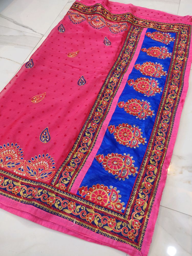 Beautiful Work Pink Saree Broad Blue Border 💙