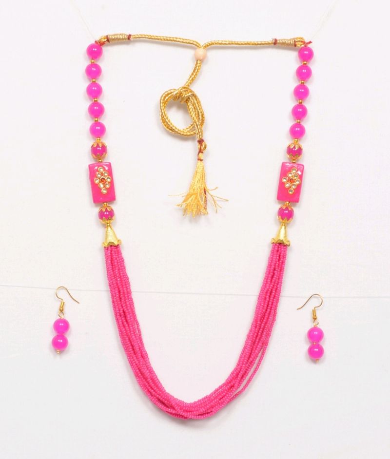 Pink Necklace With Earrings.        Jaipurjewelry, Kundanjewelry, Chokerset, Necklace, Women, Beauty, Forever 21, Chain, Earrings, Shein, Biba, Western, Ethnic Beadsnecklace, Peacockjewellery,