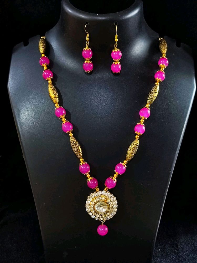 PINK KUNDAN NECKLACE JEWELLERY SET