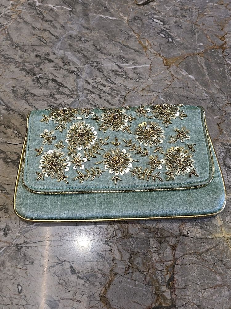 Embellished Work Sea Green Clutch