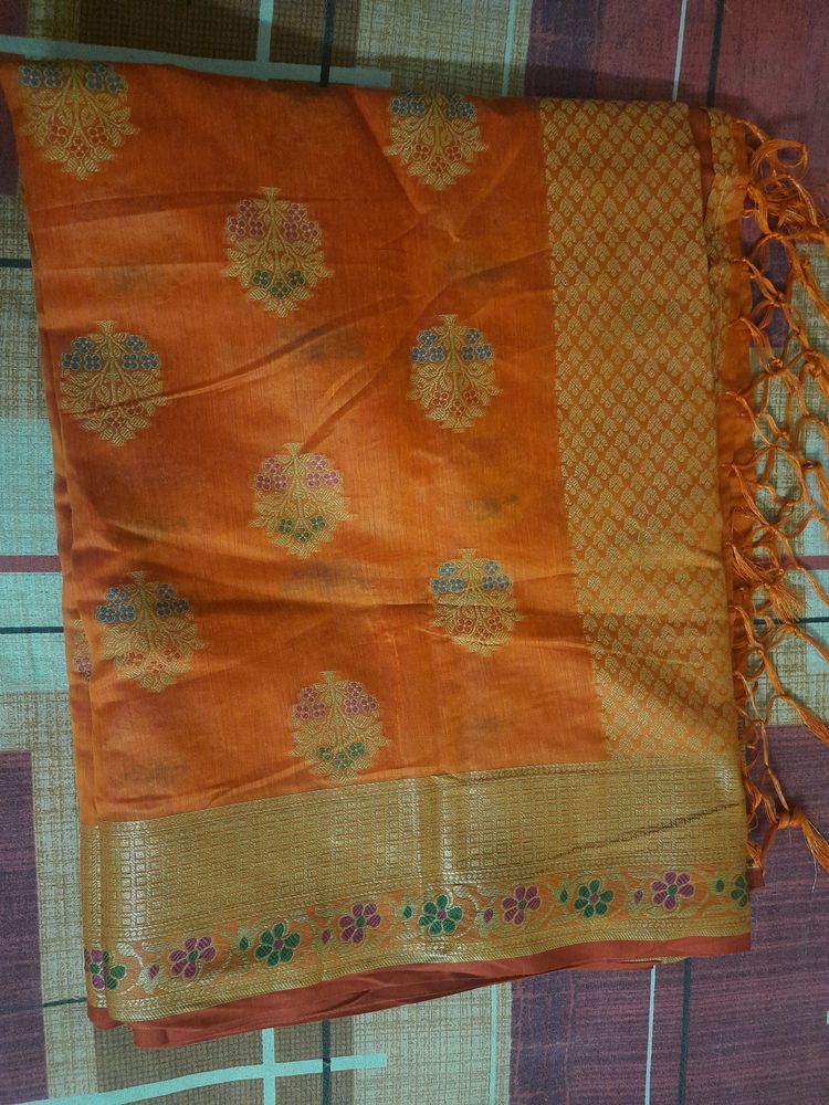 Very Beautiful Orange Color Saree With Blouse