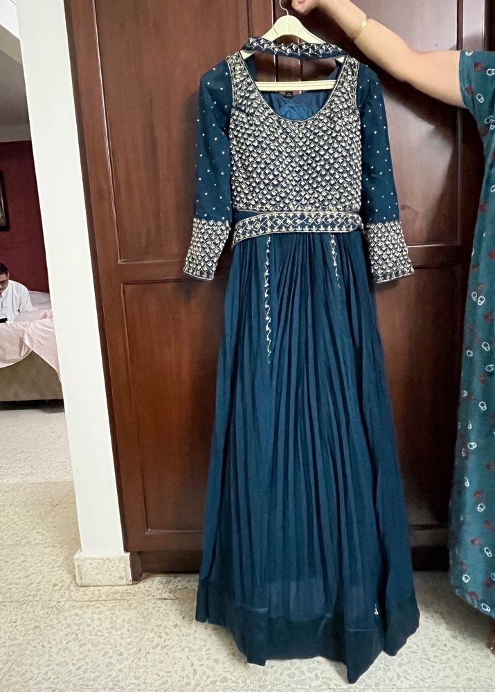 Navy Blue Ethnic Gown, Gold/Pearl Embroidery