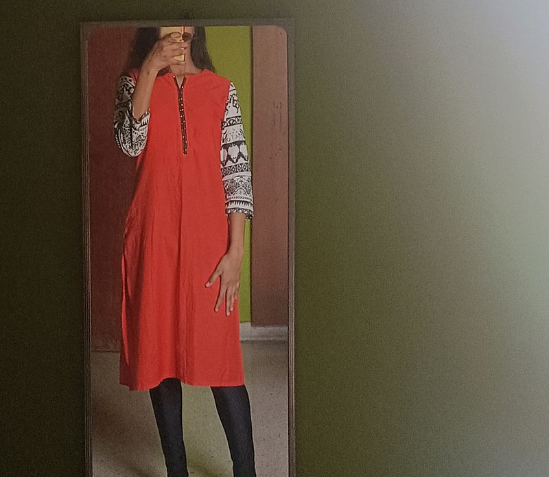 Dark Orange Sleeve Printed Kurta