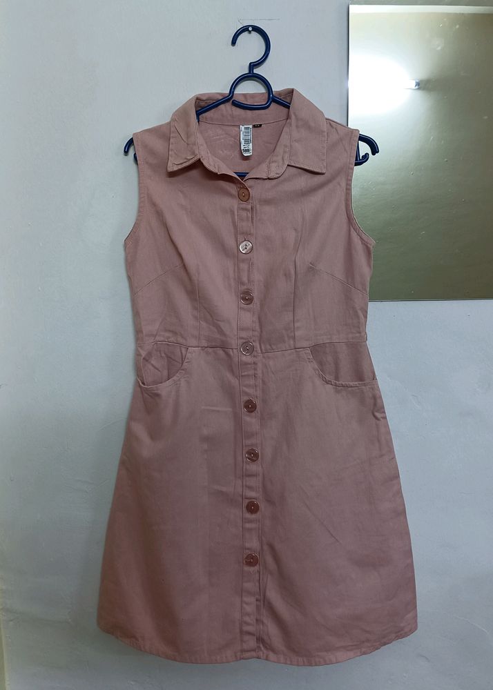 Pink Button Dress With Pockets -xs/small