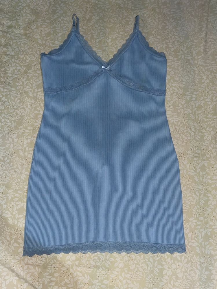 H&M Lace Trimmed Ribbed Baby Blue Bodycon Dress🩵