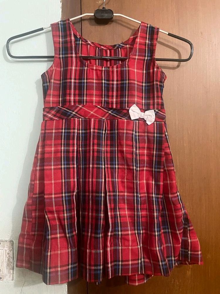 Checked Christmas Frock With Concealed Zipper, Red