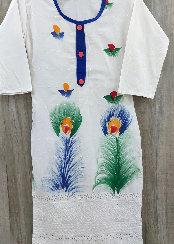 White Printed Cotton Kurti With Chicken Work