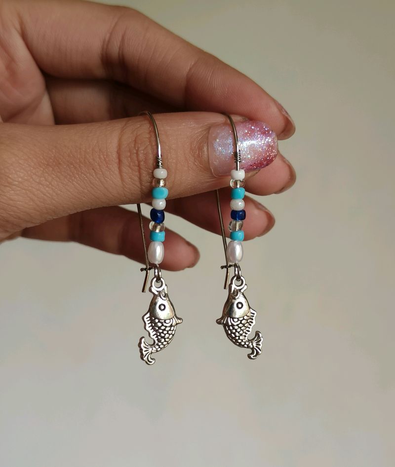 Blue Beaded Fish Earrings