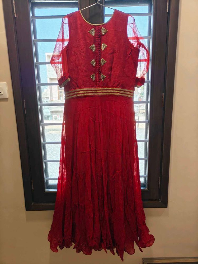 Maroon Partywear Gown With Golden Border Dupatta