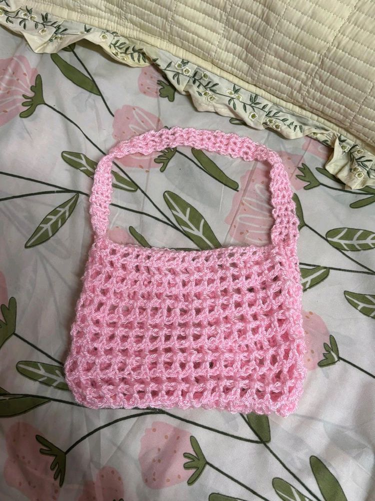 Pink Crocheted Bag With Mesh Design