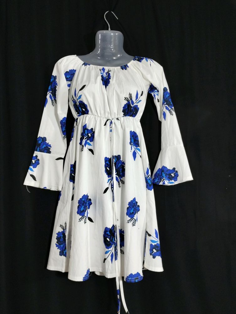 White And Blue Floral Printed Dress (Women)