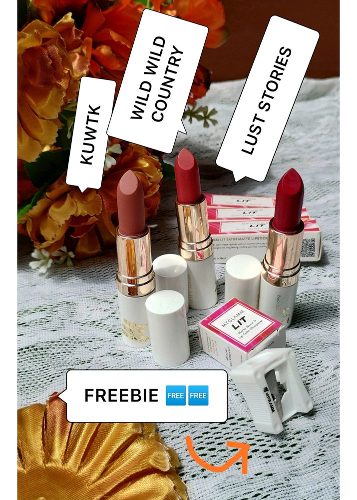 🆓FREEBIE + COMBO OF 3 MYGLAMM LIT SATIN LIPSTICK