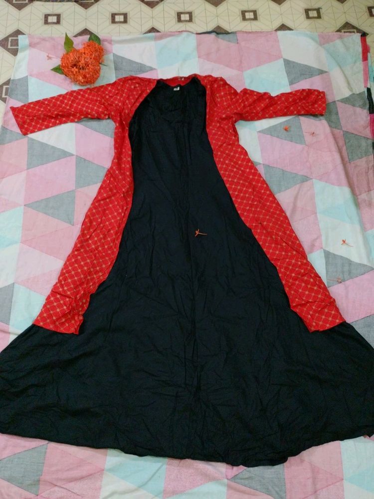 Black Anarkali Kurta With Red Shrug